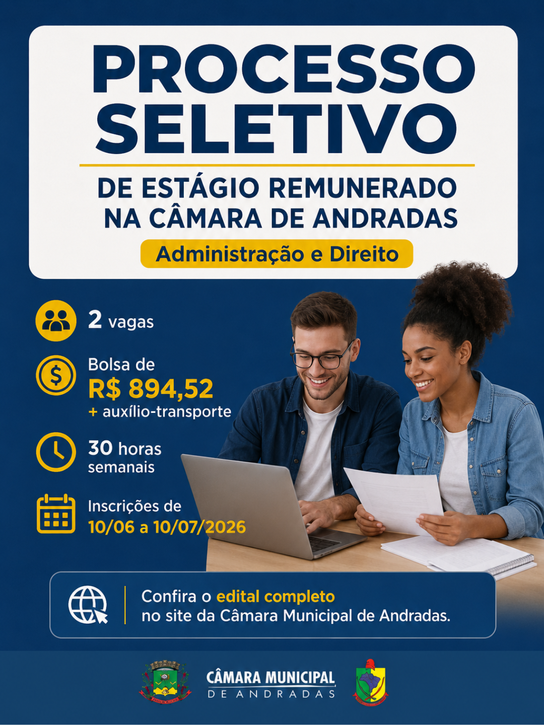 Câmara de Andradas abre processo seletivo para contratação de estagiários