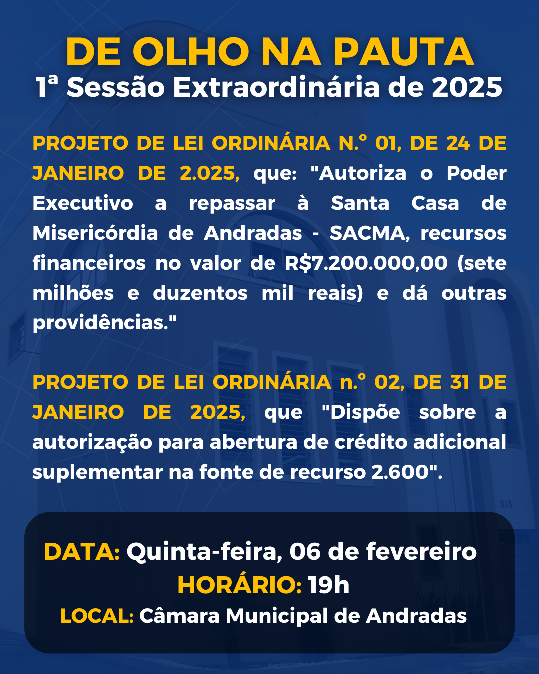 Câmara Municipal de Andradas realizará 1ª Sessão Extraordinária de 2025