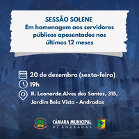 Câmara Municipal de Andradas realizará Sessão Solene em Homenagem aos Servidores Públicos Aposentados