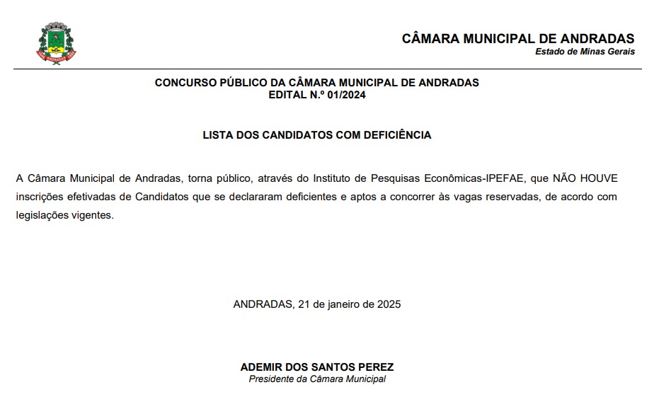 CONCURSO PÚBLICO - EDITAL N.º 01/2024: LISTA DOS CANDIDATOS COM DEFICIÊNCIA