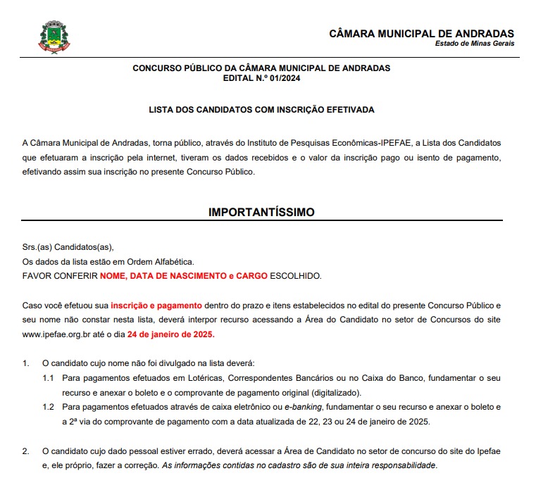 CONCURSO PÚBLICO - EDITAL N.º 01/2024: LISTA DOS CANDIDATOS COM INSCRIÇÃO EFETIVADA