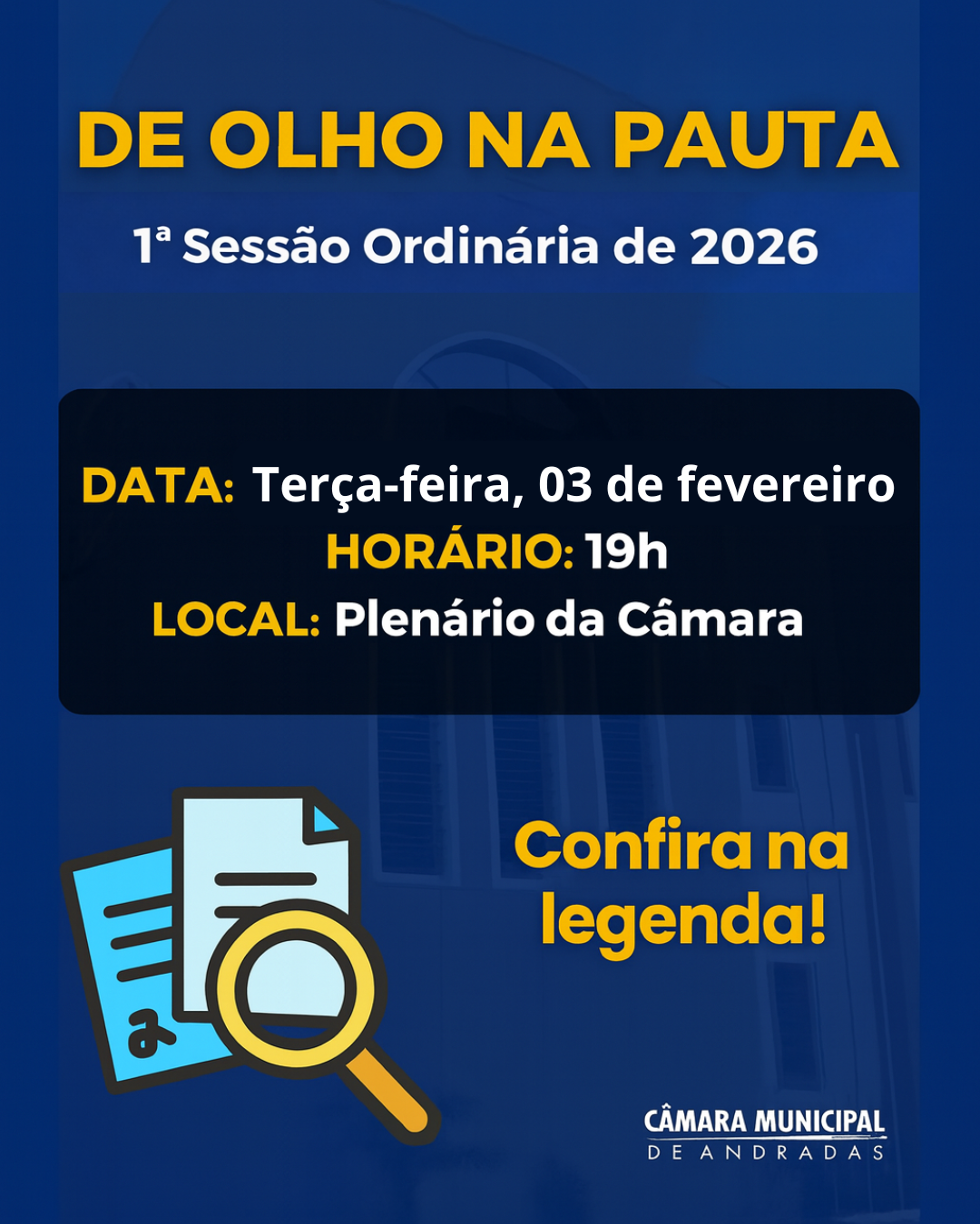 Confira a pauta da 1ª Sessão Ordinária de 2026