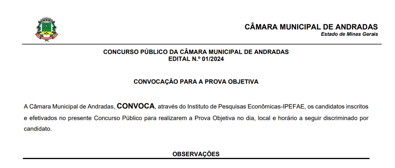 EDITAL N.º 01/2024: CONVOCAÇÃO PARA A PROVA OBJETIVA - CONCURSO PÚBLICO PARA AGENTE DE SERVIÇOS GERAIS
