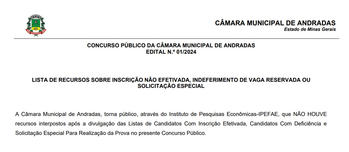 EDITAL N.º 01/2024: LISTA DE RECURSOS SOBRE INSCRIÇÃO NÃO EFETIVADA, INDEFERIMENTO DE VAGA RESERVADA OU SOLICITAÇÃO ESPECIAL