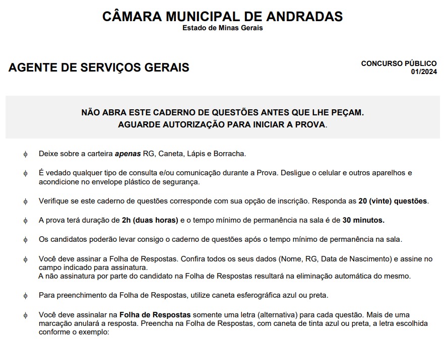 EDITAL N.º 01/2024: Prova Objetiva do Concurso de Agente de Serviços Gerais