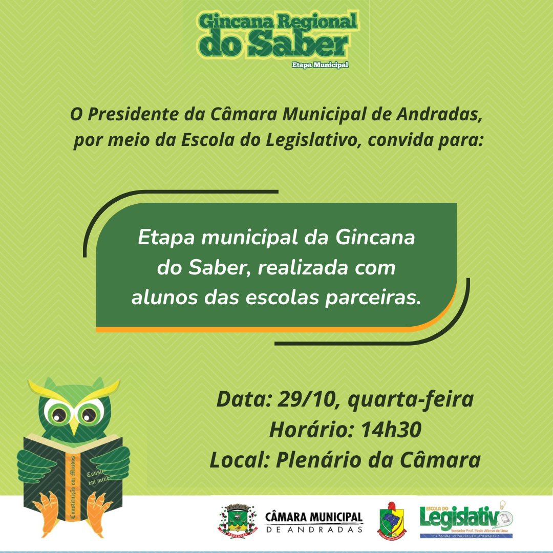 Etapa Municipal da Gincana do Saber será realizada na Câmara de Andradas