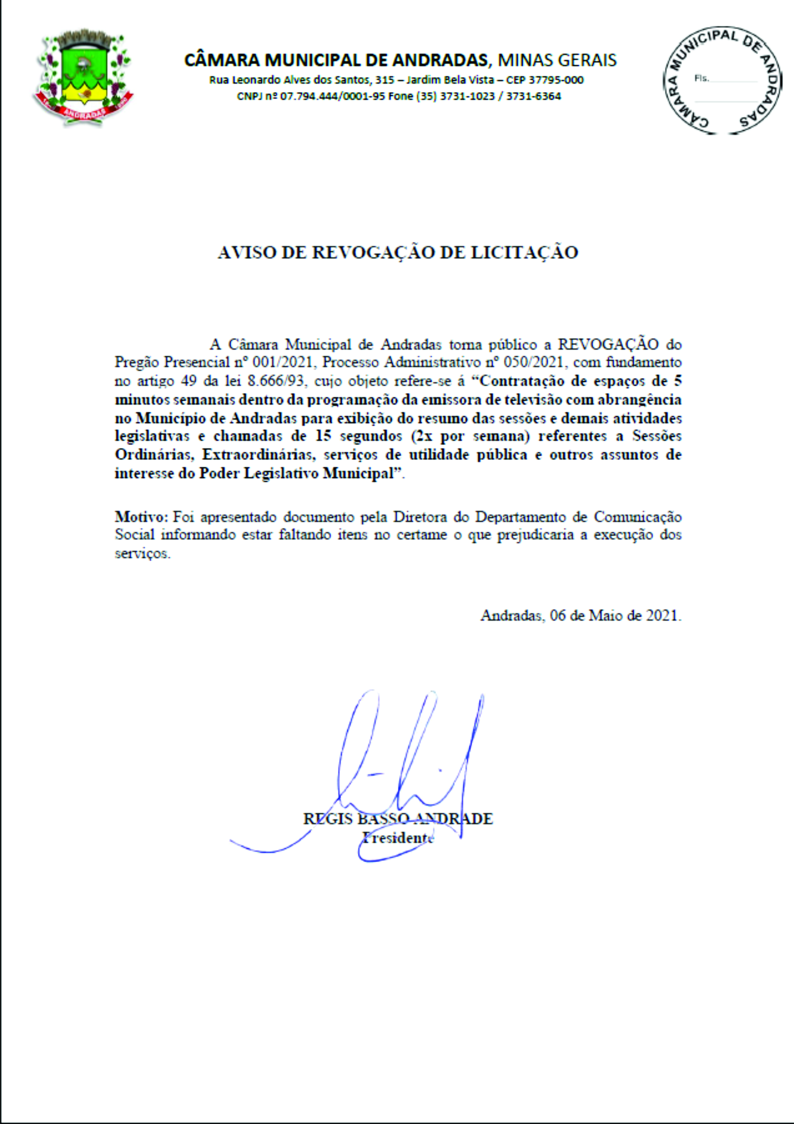 Aviso de Revogação de Licitação