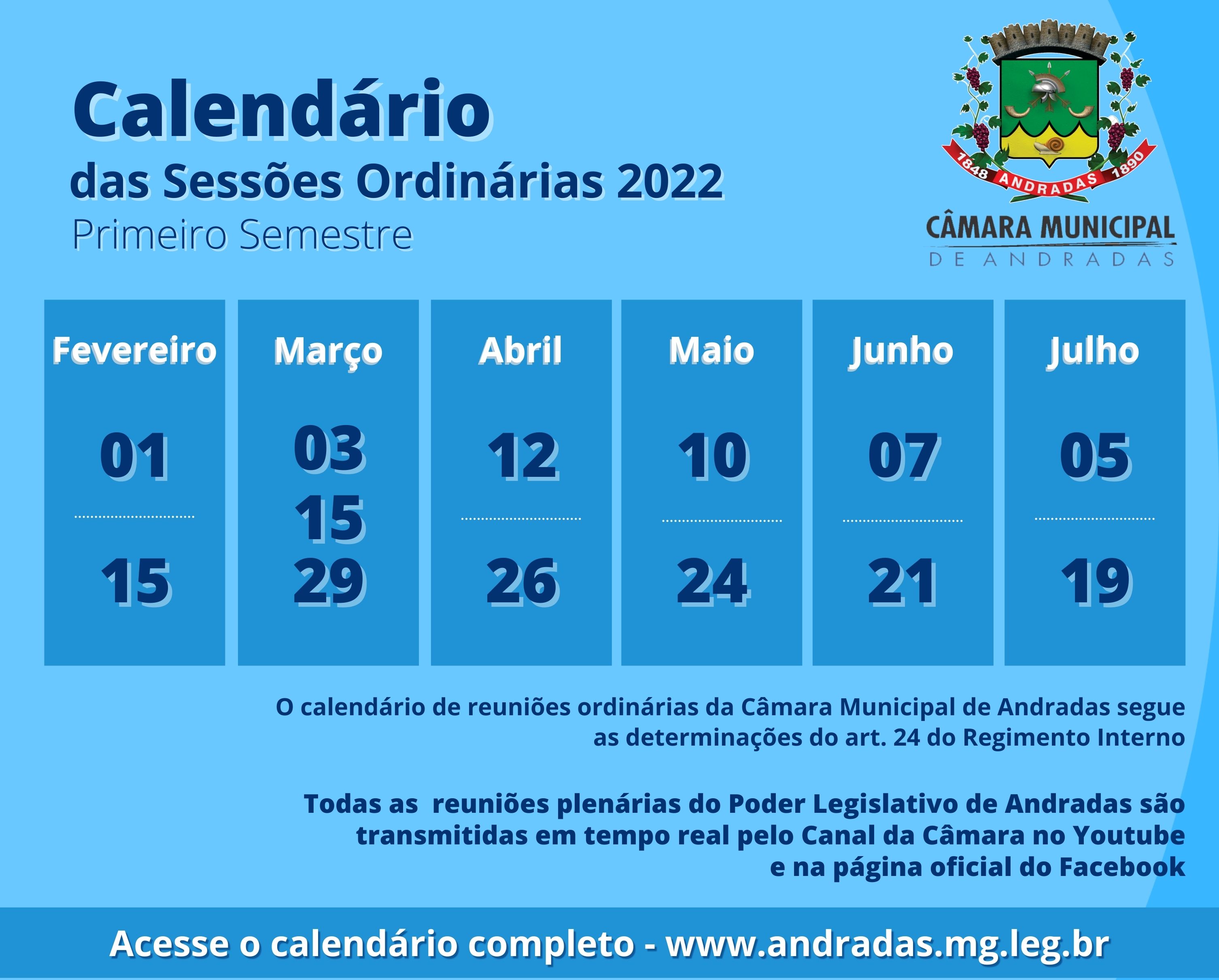 Calendário das sessões ordinárias de 2022
