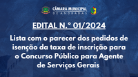 Lista com o parecer dos pedidos de isenção da taxa de inscrição para o Concurso Público para Agente de Serviços Gerais (EDITAL N.º 01/2024)