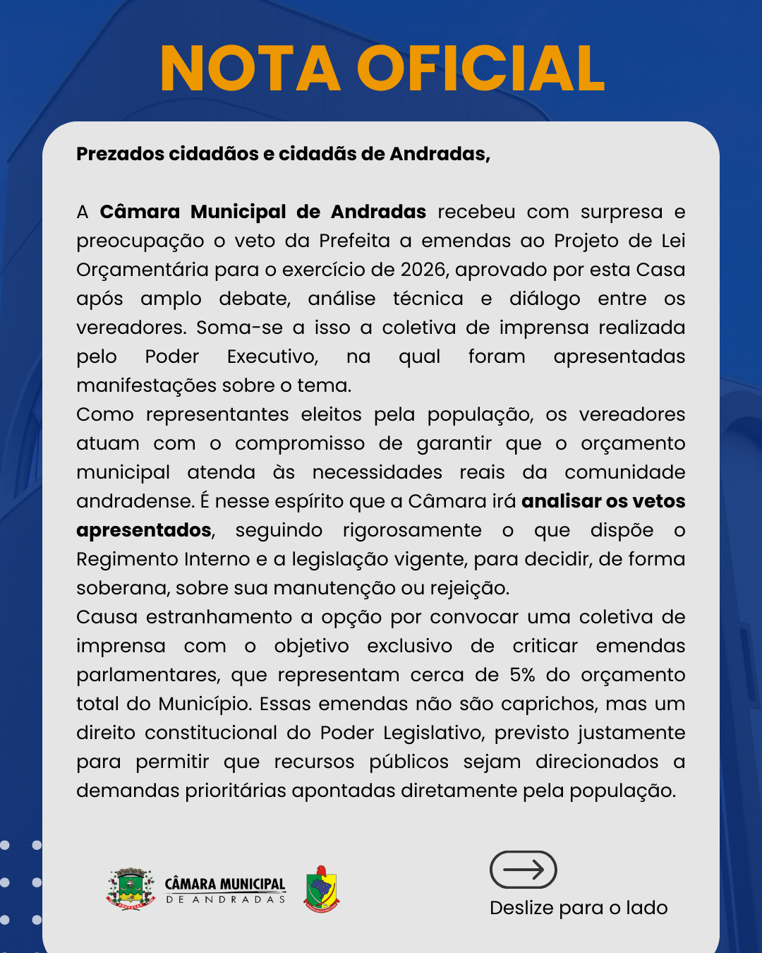 NOTA PÚBLICA DA CÂMARA MUNICIPAL DE ANDRADAS