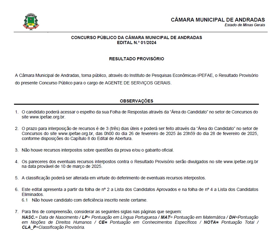 Resultado Provisório do Concurso Público da Câmara Municipal de Andradas - Edital N.º 01/2024